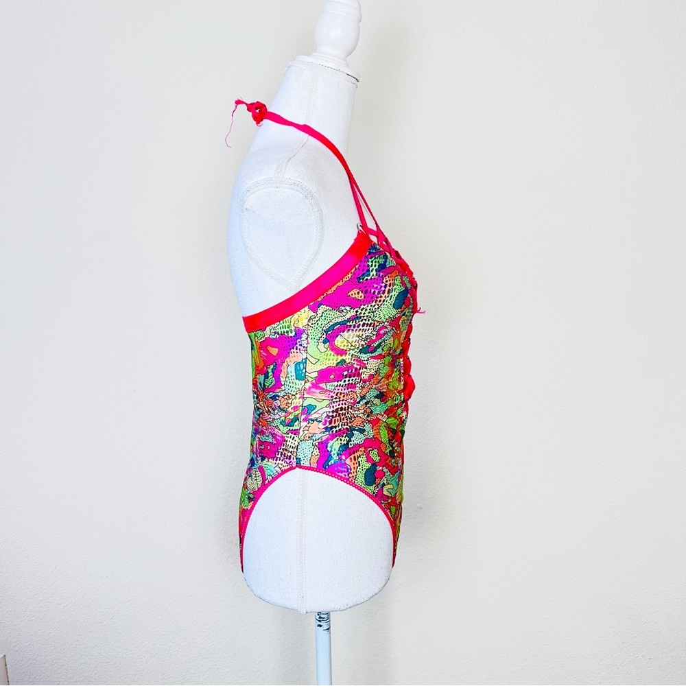 HTF Club Exx Hot Pink & Green Foil Lace Up Rivet Strappy Rave Halter Bodysuit - Picture 2 of 15